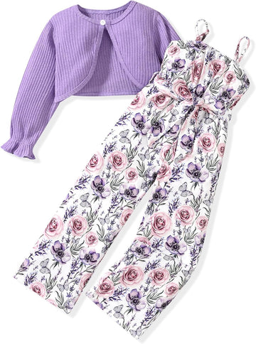 Toddler Little Girl 2 Piece Outfits Long Sleeve Ribbed Knitted Cardigan And Sleeveless Jumpsuit