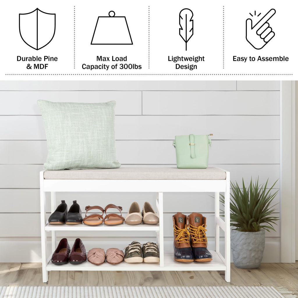 Shoe Bench - 3-Tier Wooden Shoe Rack, Mudroom, or Bedroom - Entryway Shoe Storage with Padded Seat Cushion (White)