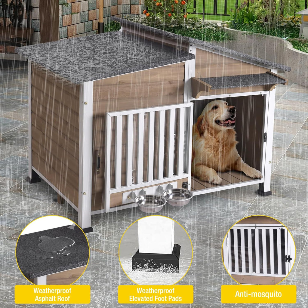 Outside Chew-Resistant Dog House with Metal Frame, Indoor/Outdoor Wooden Dog House with Waterproof Roof and Food