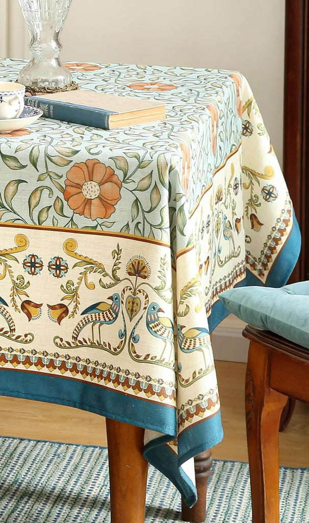 Designer French Linen Blue Tablecloth for Rectangle Table,Vintage Floral Table Cloth,Colorful Decora