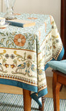 Designer French Linen Blue Tablecloth for Rectangle Table,Vintage Floral Table Cloth,Colorful Decora