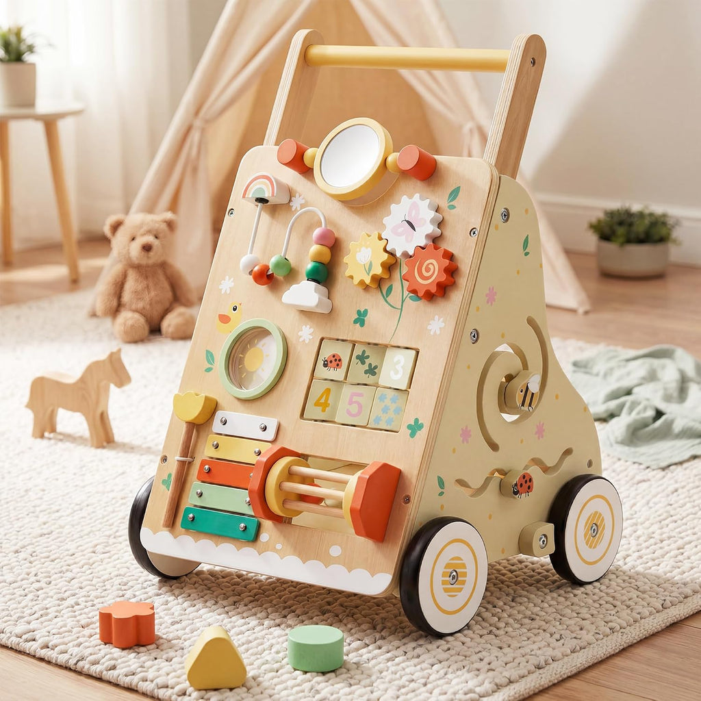 Wooden Baby Push Walker for 1 Year Old, Montessori Wood Walking Toy