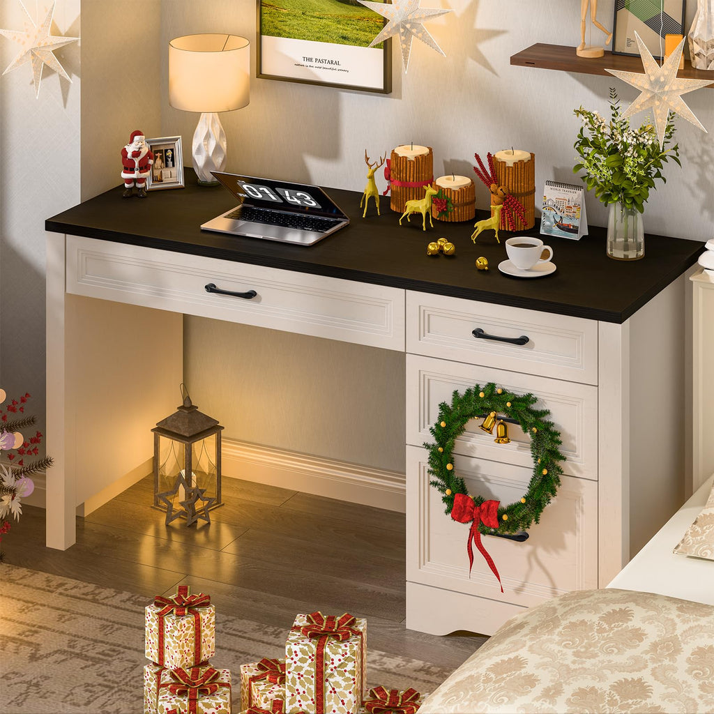 Farmhouse Executive Desk with Storage and Ample File Drawer, Rustic Large Home Writing Desk, Black