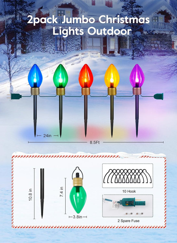 Jumbo C9 Christmas Pathway Lights Outdoor, 2 Pack Total 17 Feet 10 LED
