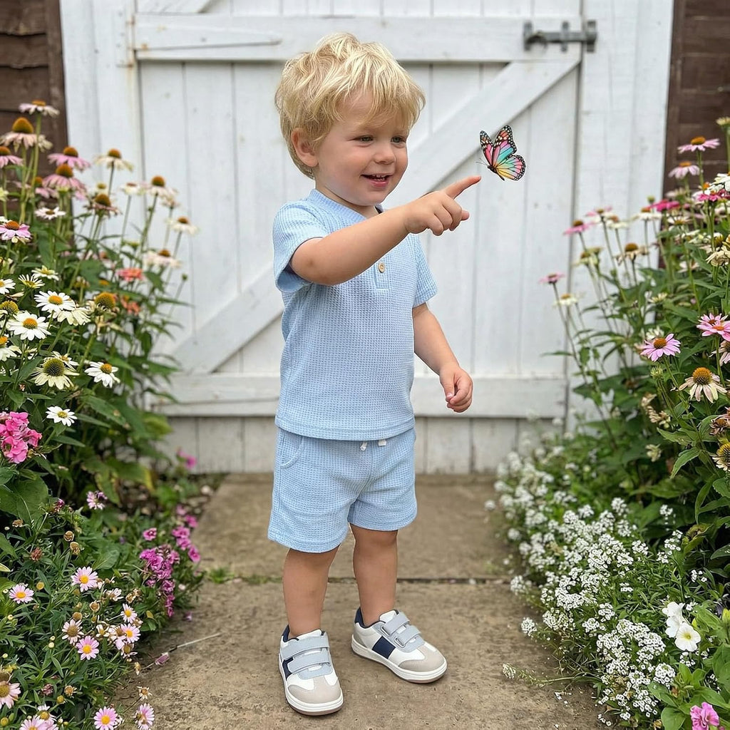 Toddler Baby Boy Summer Clothes Button Waffle Short Sleeve T-Shirt Top Elastic Waist Shorts Set 2Pcs Infant Outfit