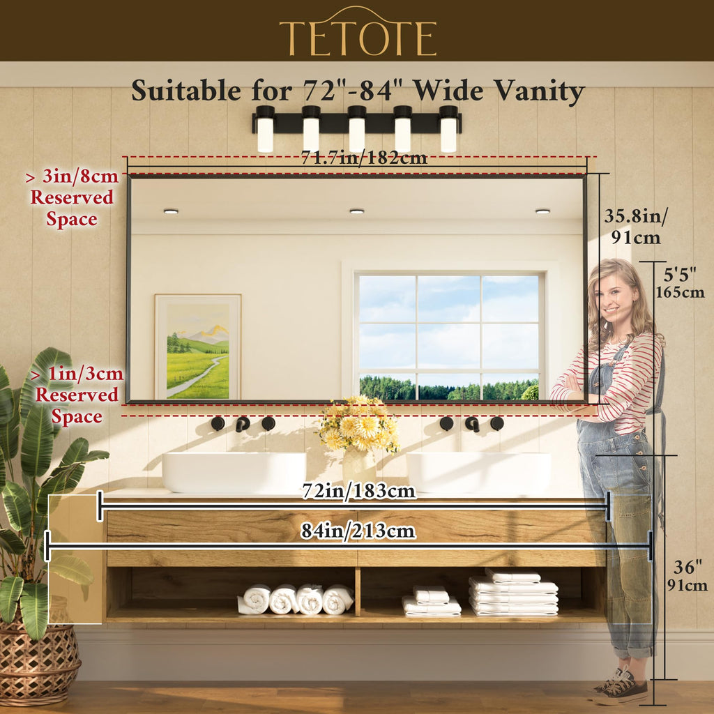 Brushed Gold Mirror Beveled Frame 72" x 36" Large Brass Gold Rectangle Bathroom Vanity Wall Mirror for Over Sink
