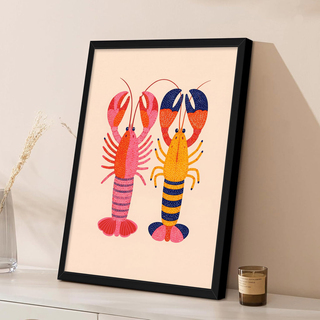 Funny Lobster Wall Art, Framed Coastal Canvas Print, Nautical Seafood Kitchen Decor Pictures Bathroom Beach House