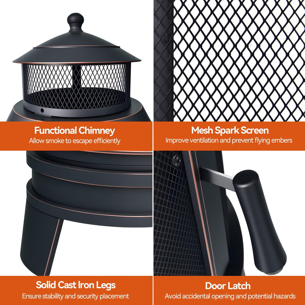 Metal Outdoor Fire Pit for Outside Wood Burning, 24 Inch Chiminea Outdoor Fireplace with Adjustable Grill Tray, Spark
