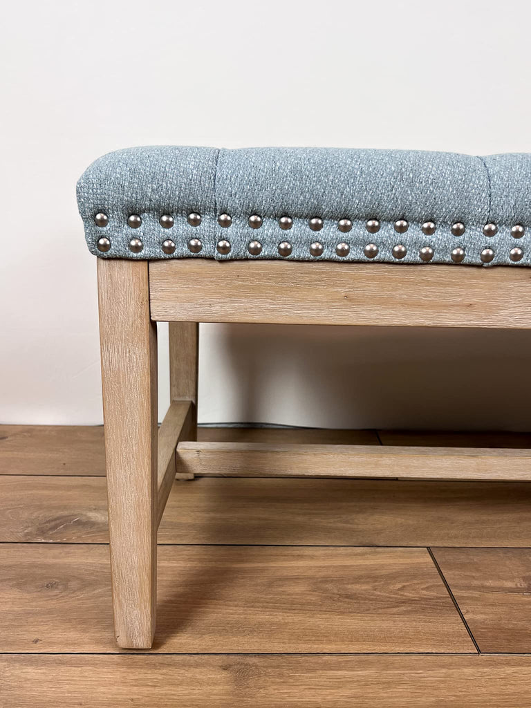 Province Linen Tufted Upholstered Bench - White Distressed Wood Legs with Nailhead Traditional Coastal Contemporary