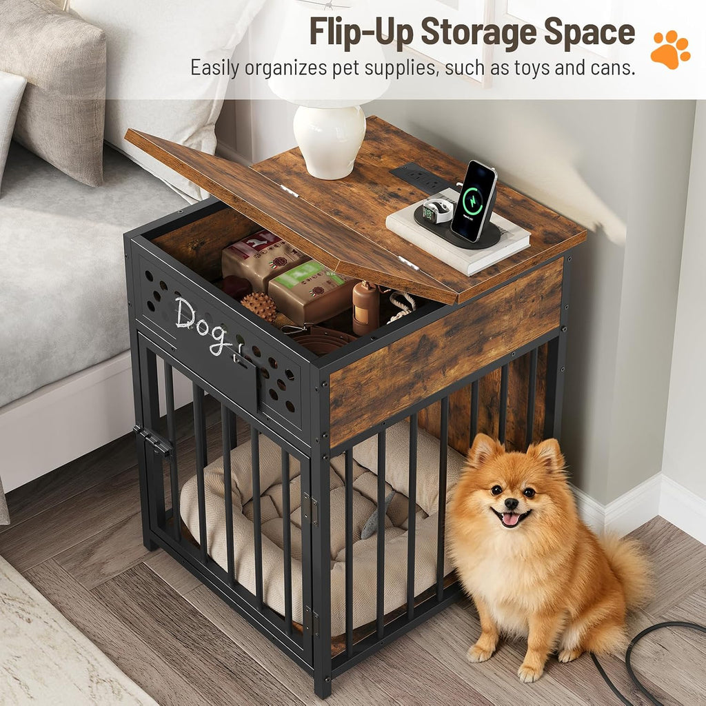 Dog Crate Furniture with Charging Station for Small Dogs