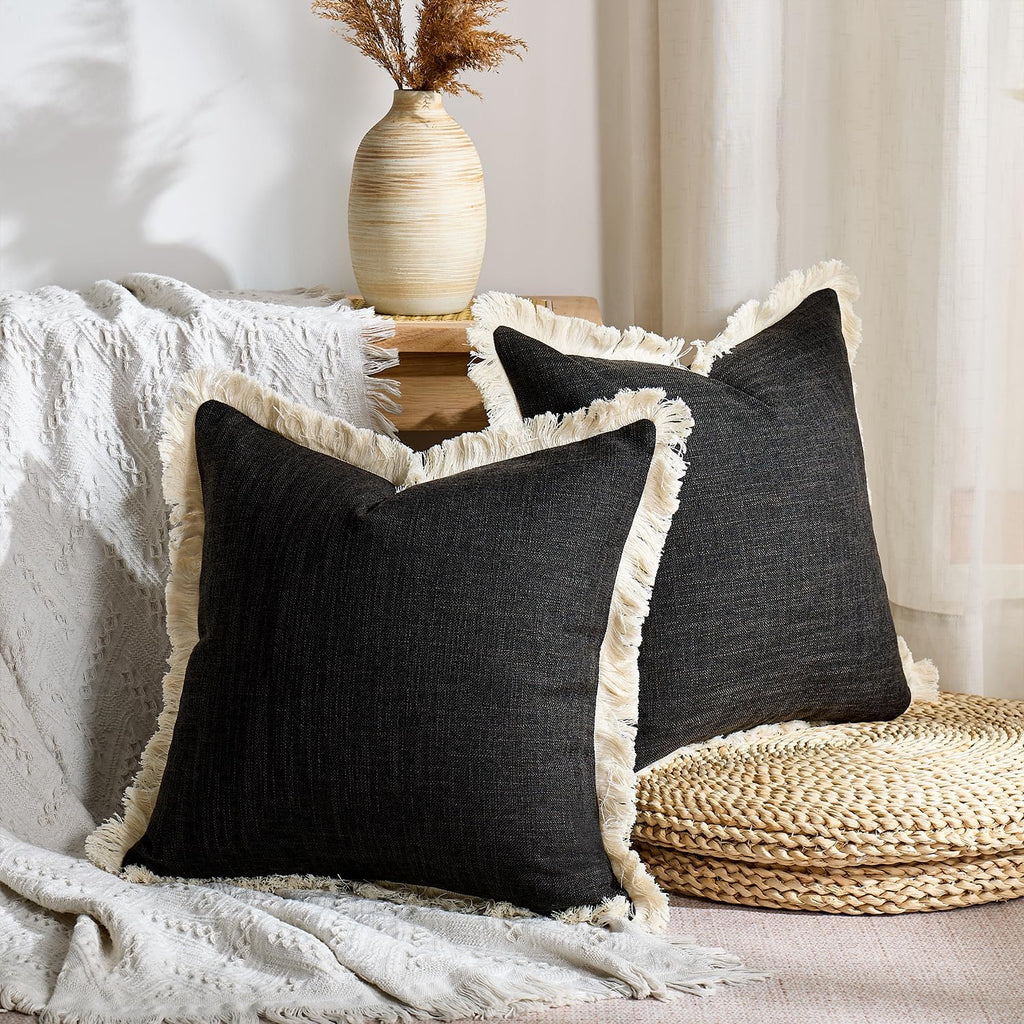 Boho Pillow Covers 16x16 Faux Linen Couch Pillow Covers with Fringe Farmhouse Rustic Decorative Pillows Case Black