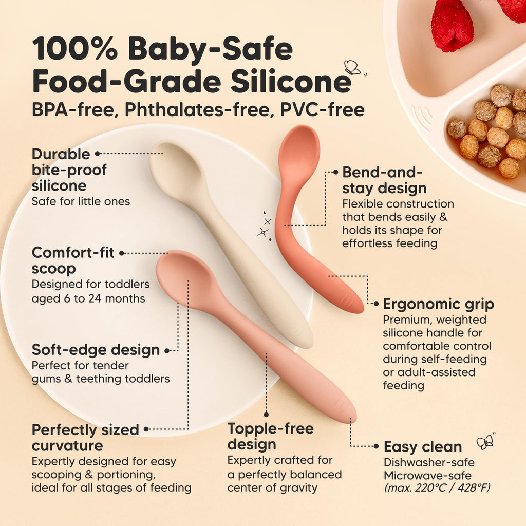 Silicone Baby Spoons Self Feeding 6-12 months, 3-Pack, Roseate