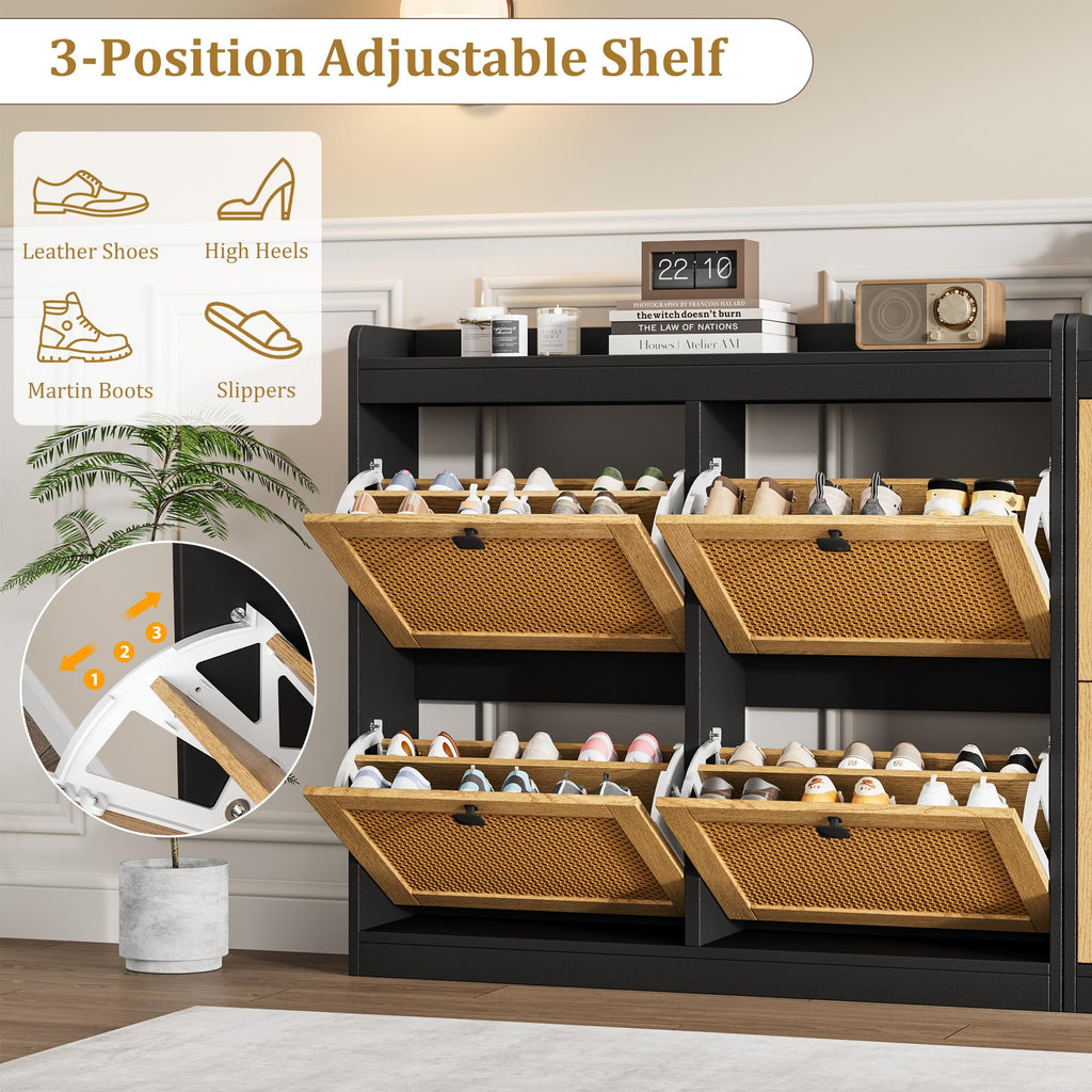 Shoe Storage Cabinet with 4 Deep Flip Drawers, Wood Shoe Cabinet with Rattan Doors and Adjustable Shelves