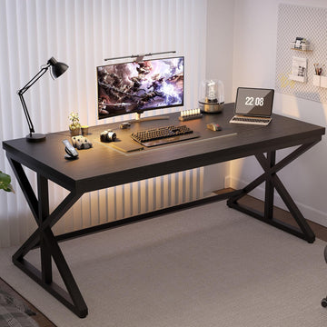 Modern Black Computer Desk, Long Home Office Desk for Study 60 Inch | Large Simple Wood Metal Work Writing Desk , Oak