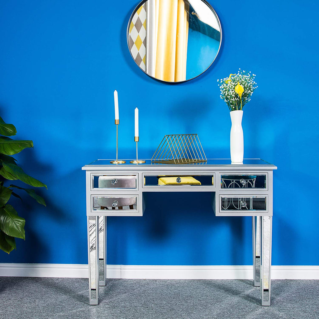 Mirrored Vanity Desk with 5 Drawers, Modern Console Table/Sofa Table/Makeup Table (Silver, 41'' x 14'' x 30'')