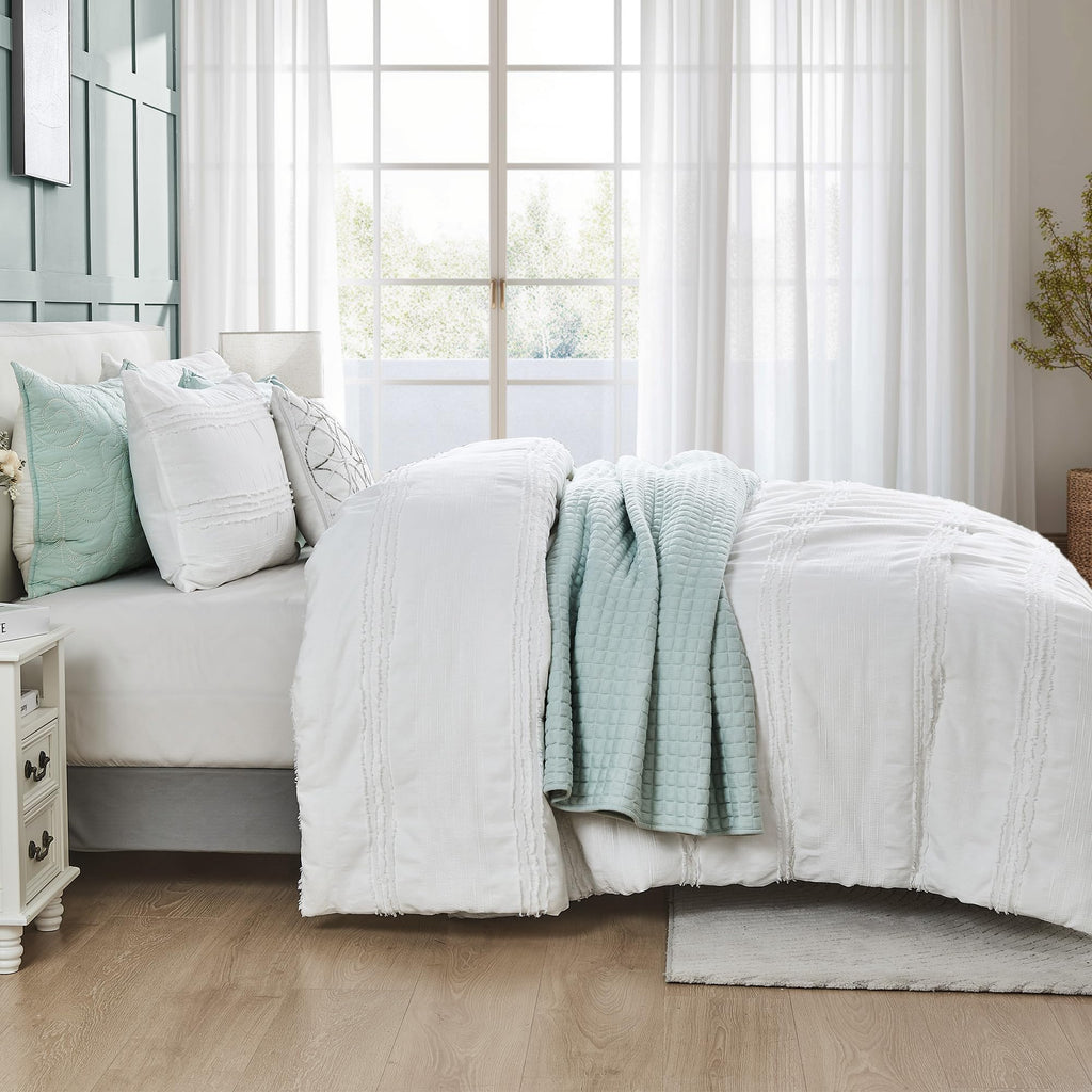 White Comforter Set Queen, Clipped Jacquard Striped Cotton Lightweight Comforter with Pillow Shams, Fluffy Bedding