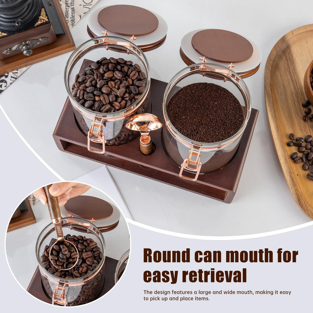 Glass Coffee Container with Wooden Shelf, 2 x 40 FLOZ Coffee Bean Storage with Sealed Closure Clips and Copper Spoon