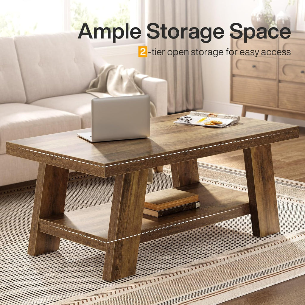 Farmhouse Coffee Tables, 47.24" Rectangle Coffee Tables with Storage Shelves, Rustic Wooden Center Table...