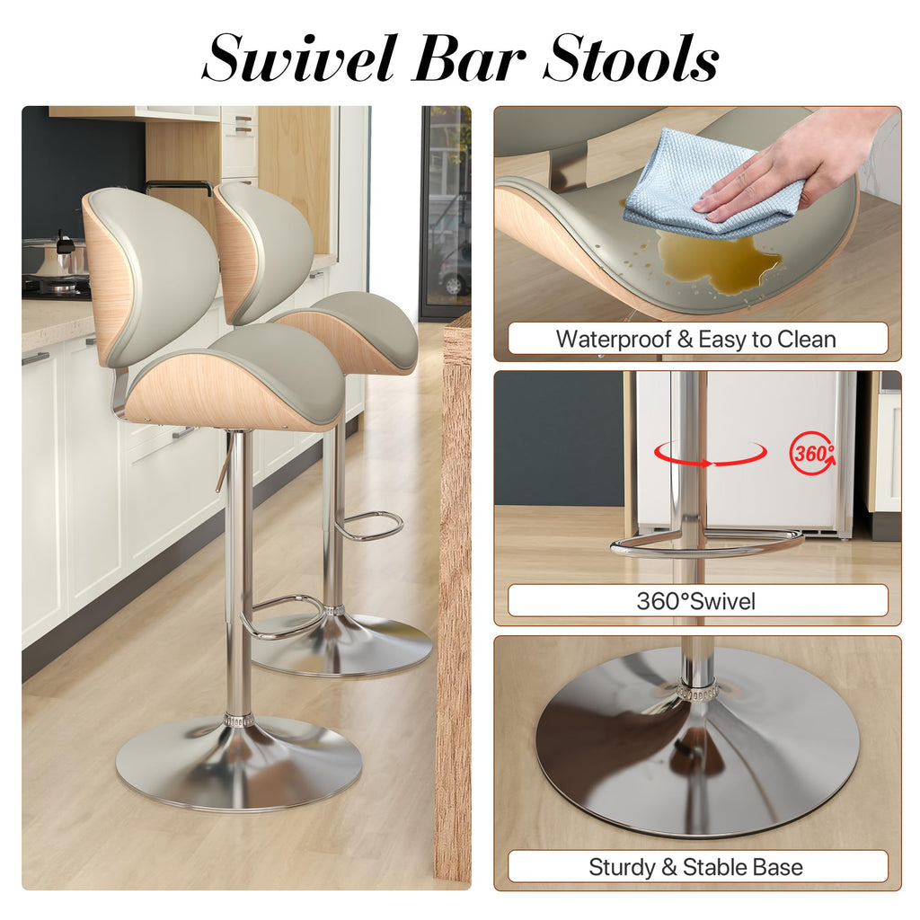 Bar Stools Swivel Bentwood Barstools, Set of 4, Gray PU