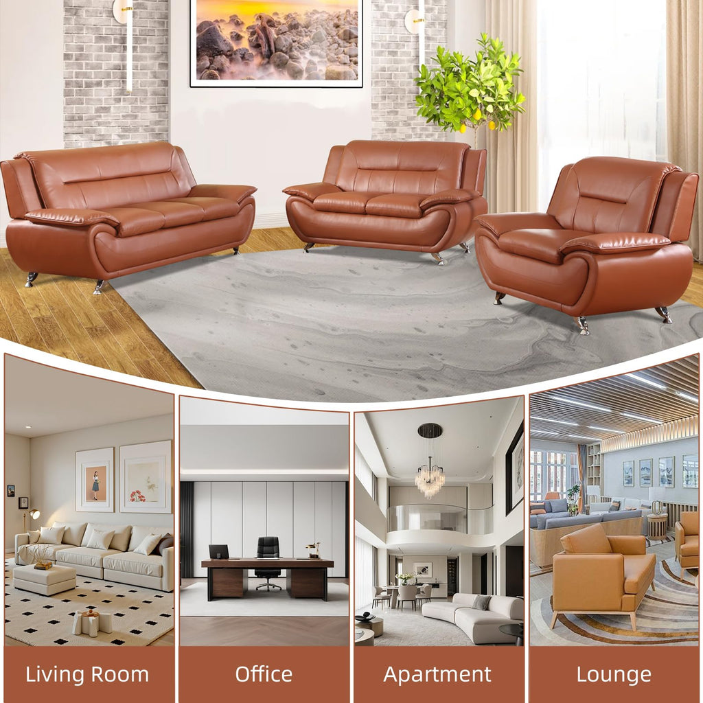 Leather Sectional Couch, Furniture, 3 - Piece Couch Set, Faux Leather Modern Sofa Loveseat Chair Set with Sturdy