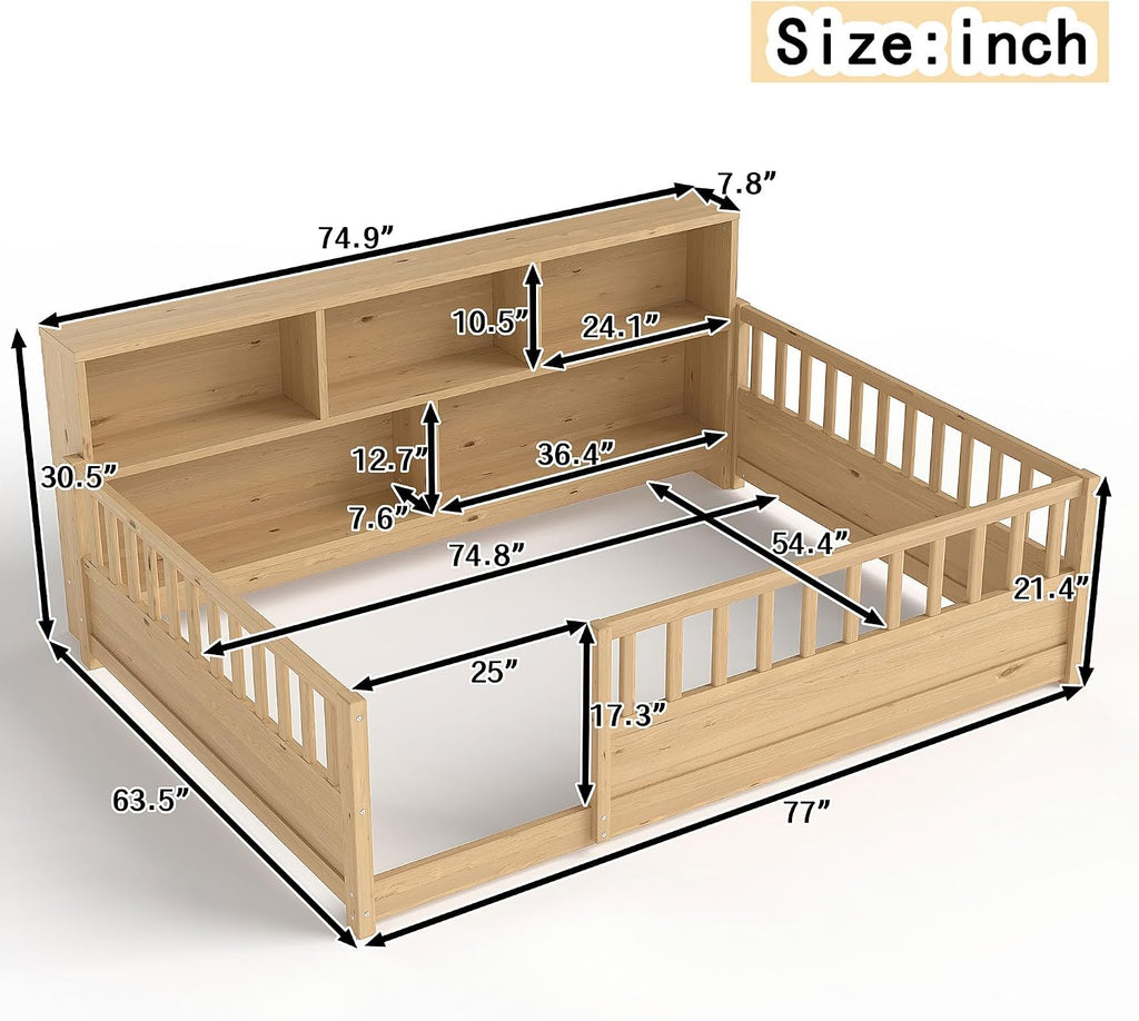 Montessori Floor Bed with Bookcase, Floor Bed with High Fence and Storage Shelves, Easy Assemble