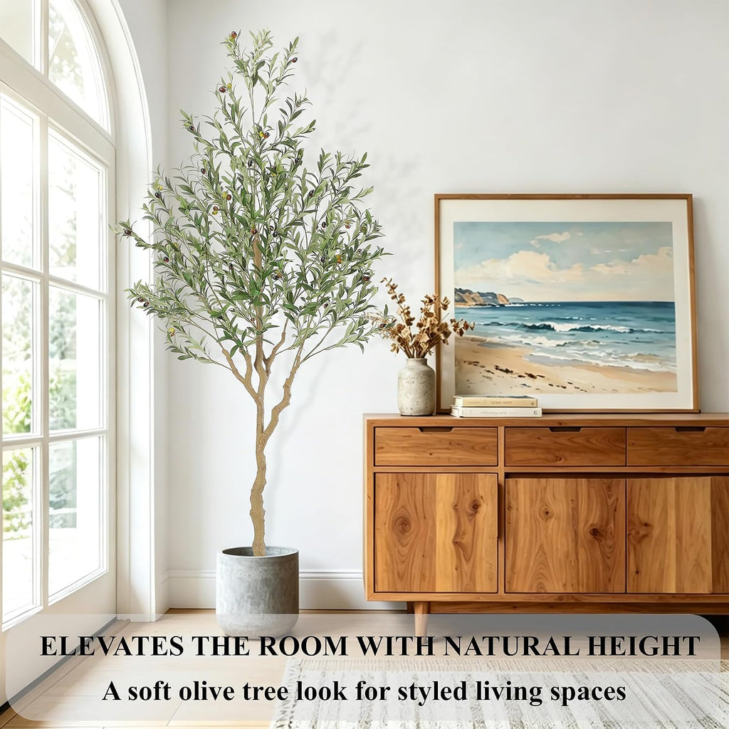 Tall Faux Olive Tree,7ft(84in) Realistic Potted Silk Artificial Indoor with Green Leaves and Big Fruits Living Room