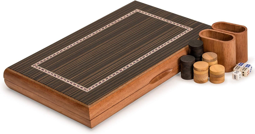 Wooden Inlaid Backgammon Set, Dorne - with Wooden Playing Pieces and Accessories, 13-inch Board