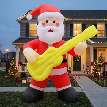 12FT Christmas Inflatables Outdoor Decorations Guitar Santa with LED Lights Christmas Blow Up Yard Decoration for