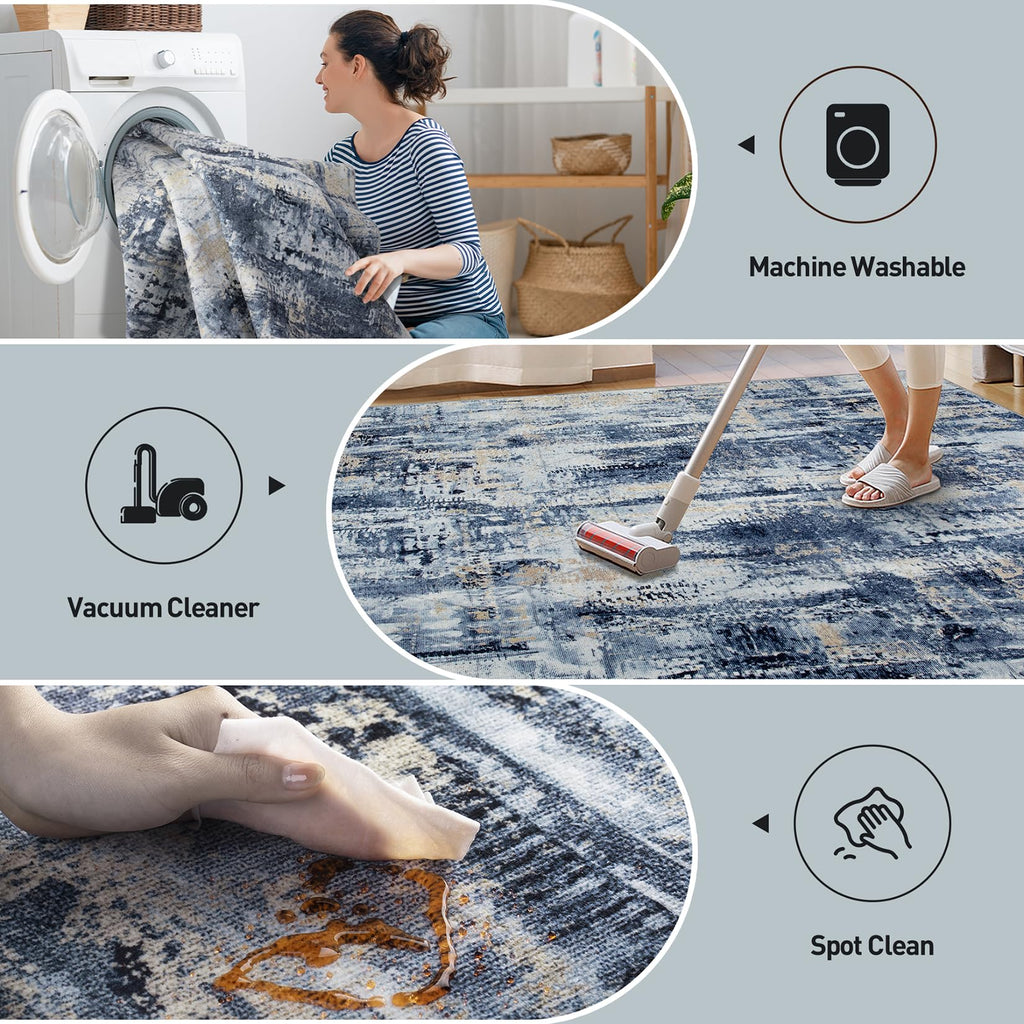 2'6''x8' Runner Rugs Washable Rug: Modern Abstract Hallway Blue Gold Carpet