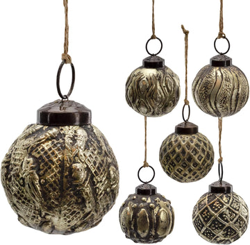 Farmhouse Ball Ornaments (Set of 6, 2", Antique Gold); Distressed Metal Tin Glass Ball Vintage Style