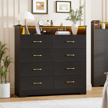 8 Drawer Dresser with LED Light and Charging Station, Black