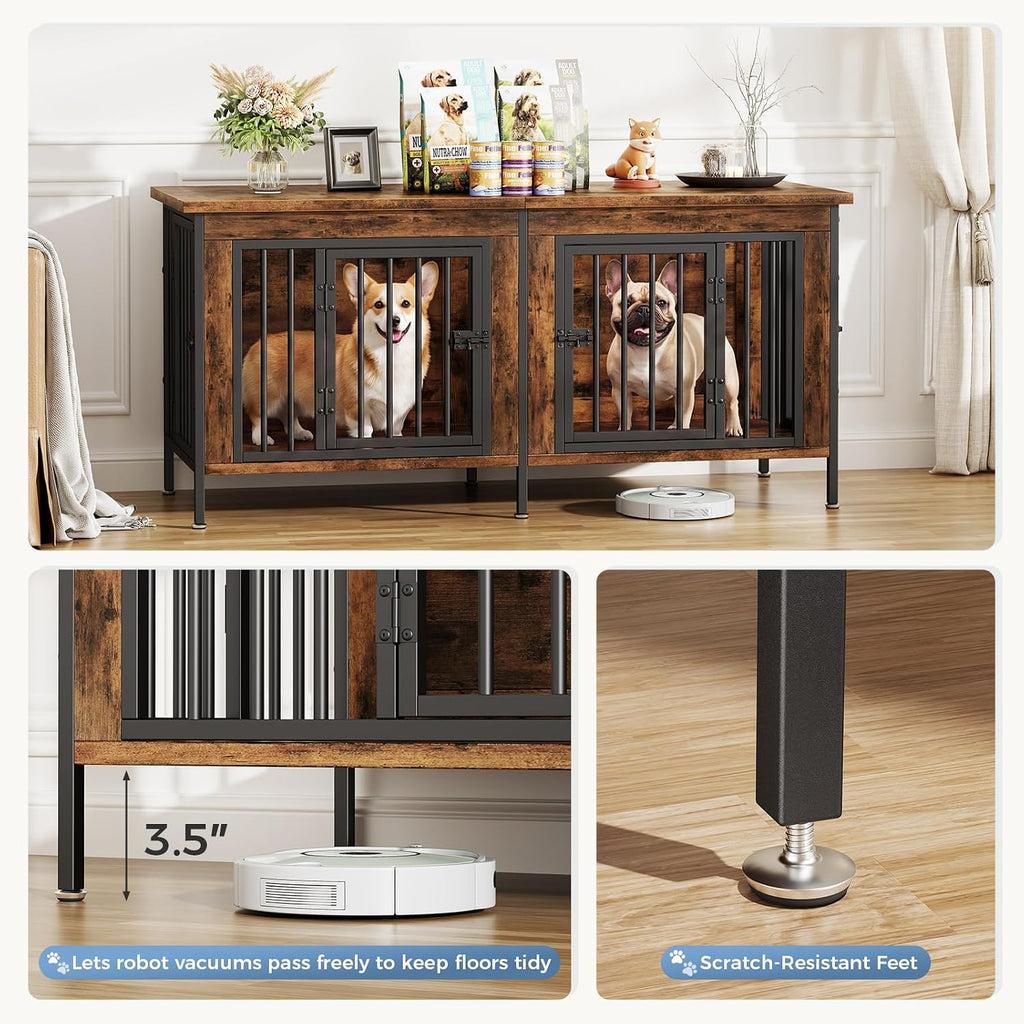 Dog Crate Furniture for 2 Dogs with Divider, Brown