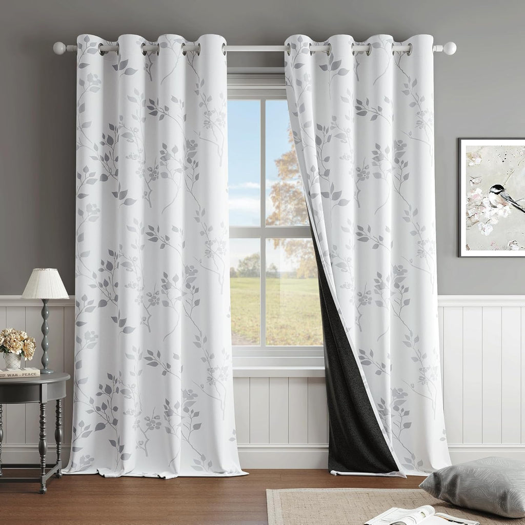 Floral 100% Blackout Curtains 84 Inches Long 2 Panels for Bedroom Living Room Grey White Flower Patterned Room