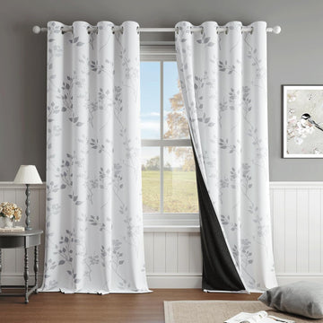 Floral 100% Blackout Curtains 84 Inches Long 2 Panels for Bedroom Living Room Grey White Flower Patterned Room