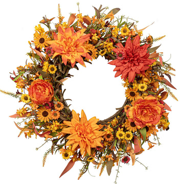22 Inch Artificial Fall Wreath Autumn Wreaths for Front Door Thanksgiving Wreath with Peony Dahlia Daisy Flowers for