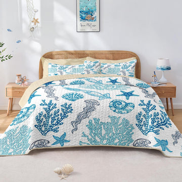 Quilt Set, 3 Pieces Ocean Beach Bedding, Bedspread