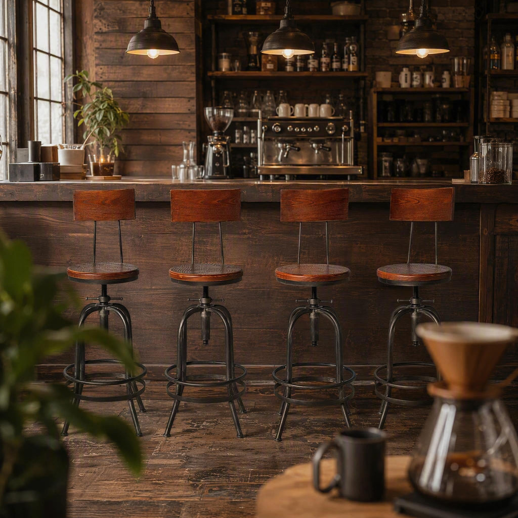 Set of 2 Industrial Bar Stools with Backrest 26-32inch Counter Height Adjustable Rustic Kitchen Island Stool Vintage