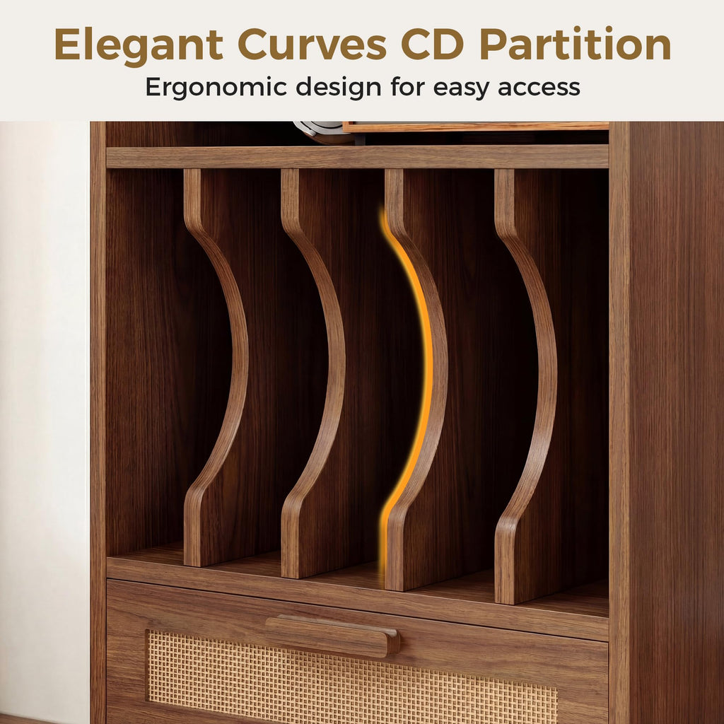 Record Player Stand with Power Outlets, Vinyl Storage Cabinet, Brown