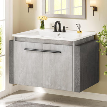 36" Modern Wall Mounted Bathroom Vanity with Sink - White & Gray Cabinet with 2 Soft-Close Doors