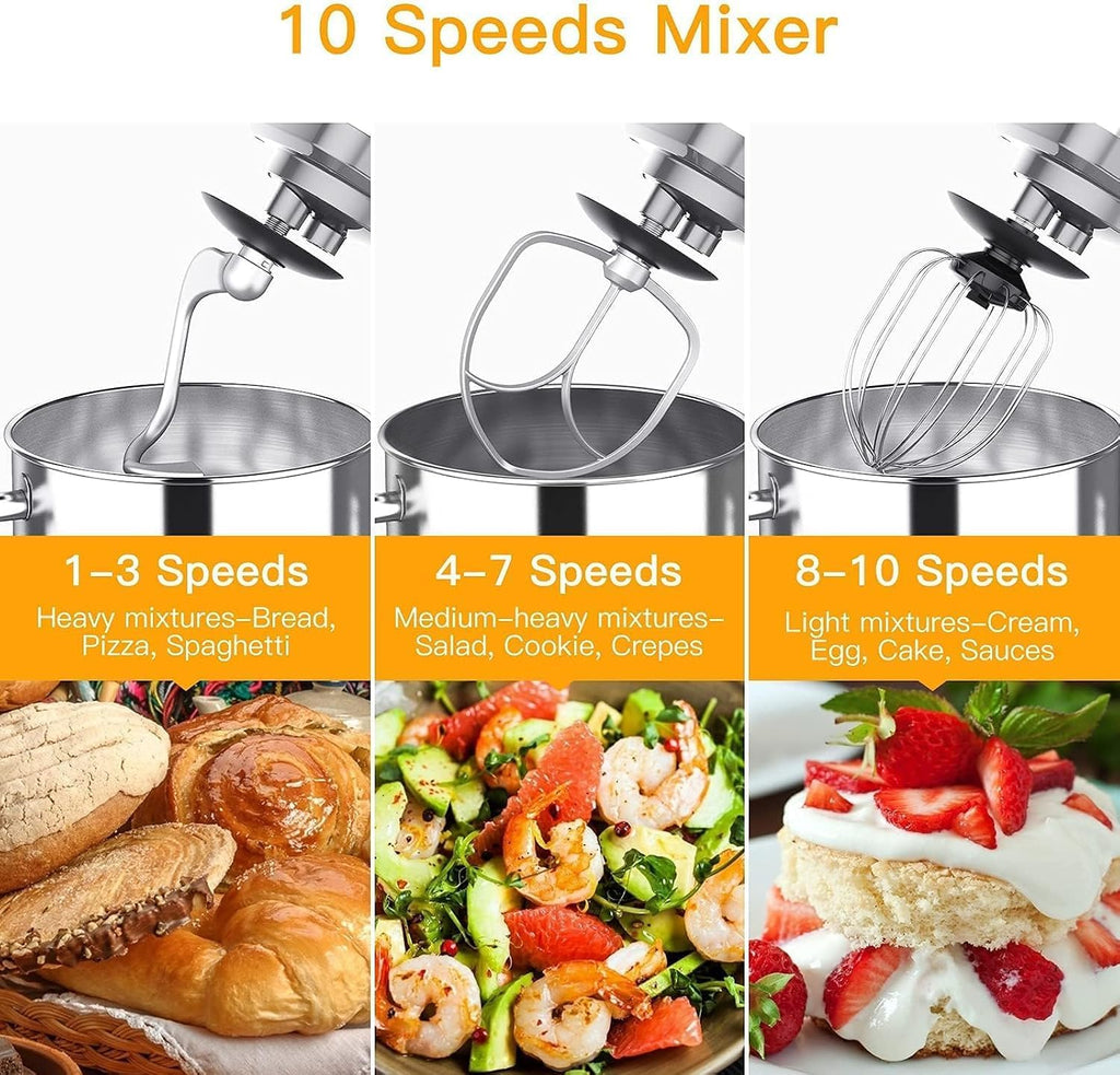 7.5QT Stand Mixer, 660W Kitchen Mixer with 10 Speeds, Silver
