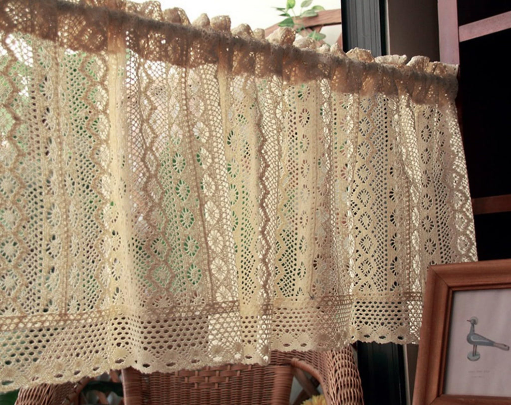 Short Curtain for Small Window Rustic Boho Cotton Geometric Hollow Crochet Lace Semi Transparent Cabinet Curtain Door