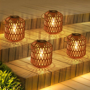 Rattan Solar Lights, 4 Pack Solar Lanterns Outdoor Waterproof, Outdoor Lights for Yard, Hanging Lantern with Handle