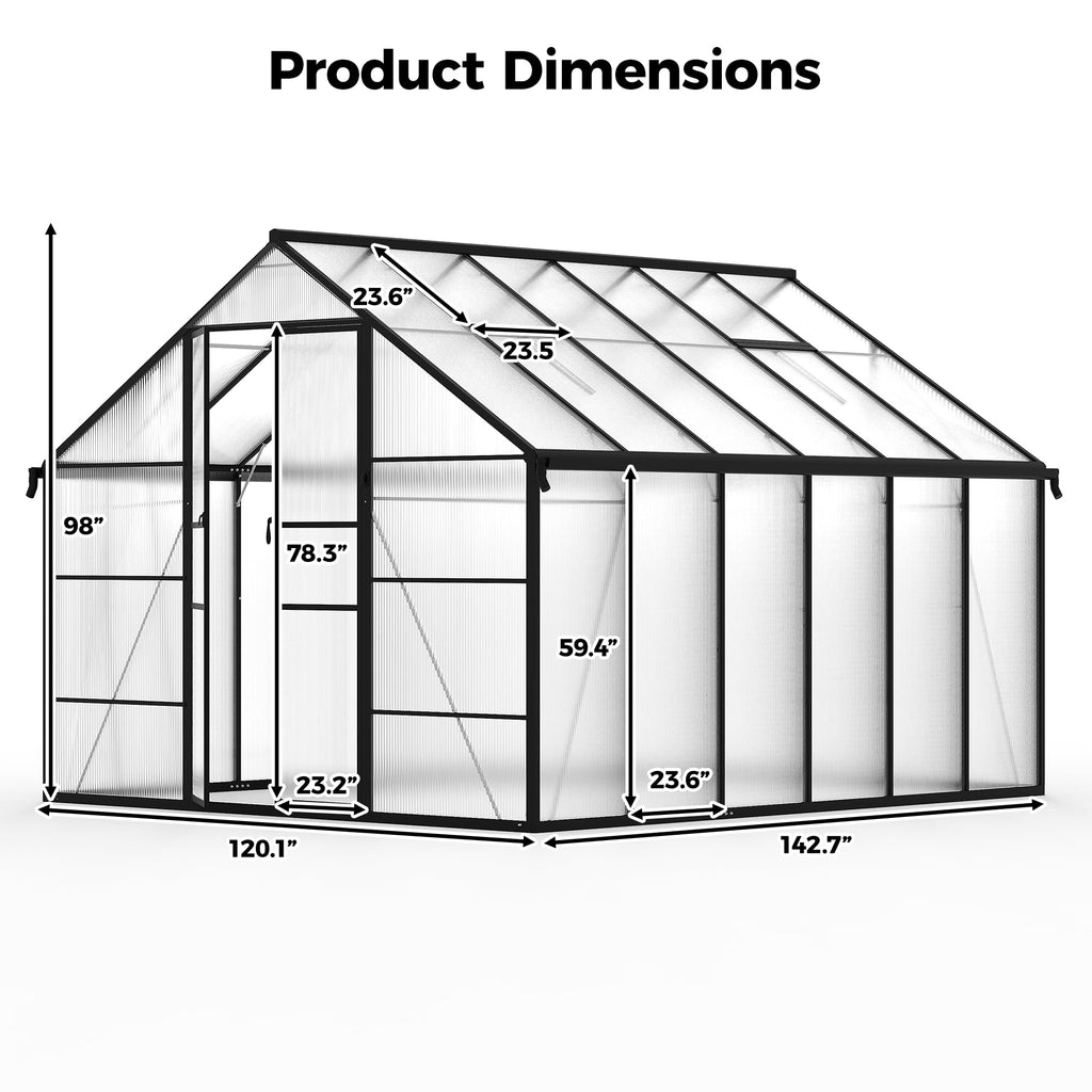 10x12 FT Greenhouse for Outdoors, Polycarbonate Greenhouse with Roof Vent, Enhanced Aluminum Large Walk-in Green