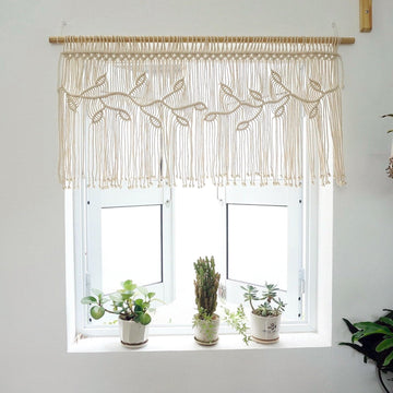 Macrame Valance Curtain for Kichen Windows 35.43*23.62Inch Farmhouse Boho Curtains Window Valance with Tassels Leaf
