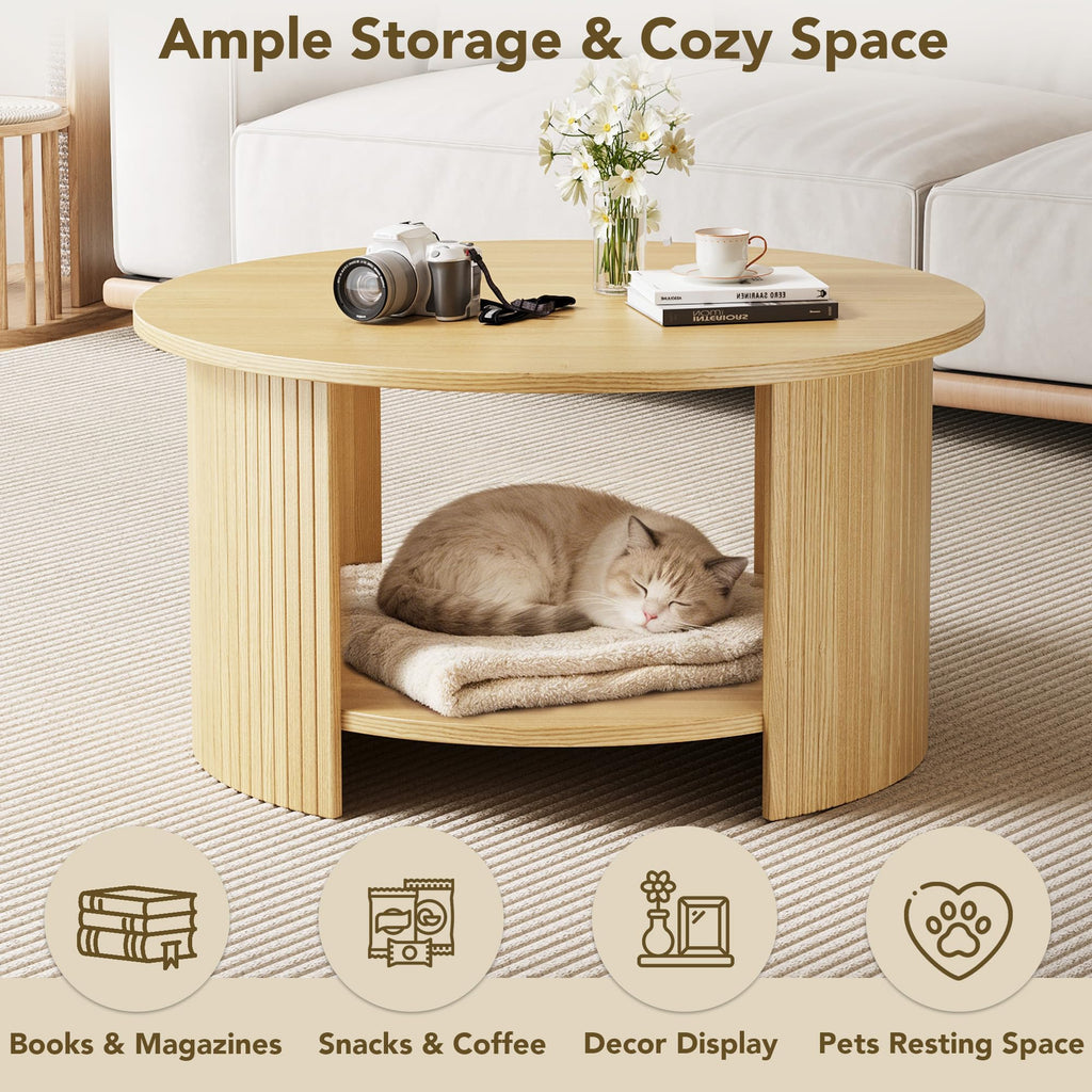 Round Coffee Table with Storage, 31.5" Modern Fluted Center Table, 2-Tier Mid Century Coffee Table, Wood Circle Table
