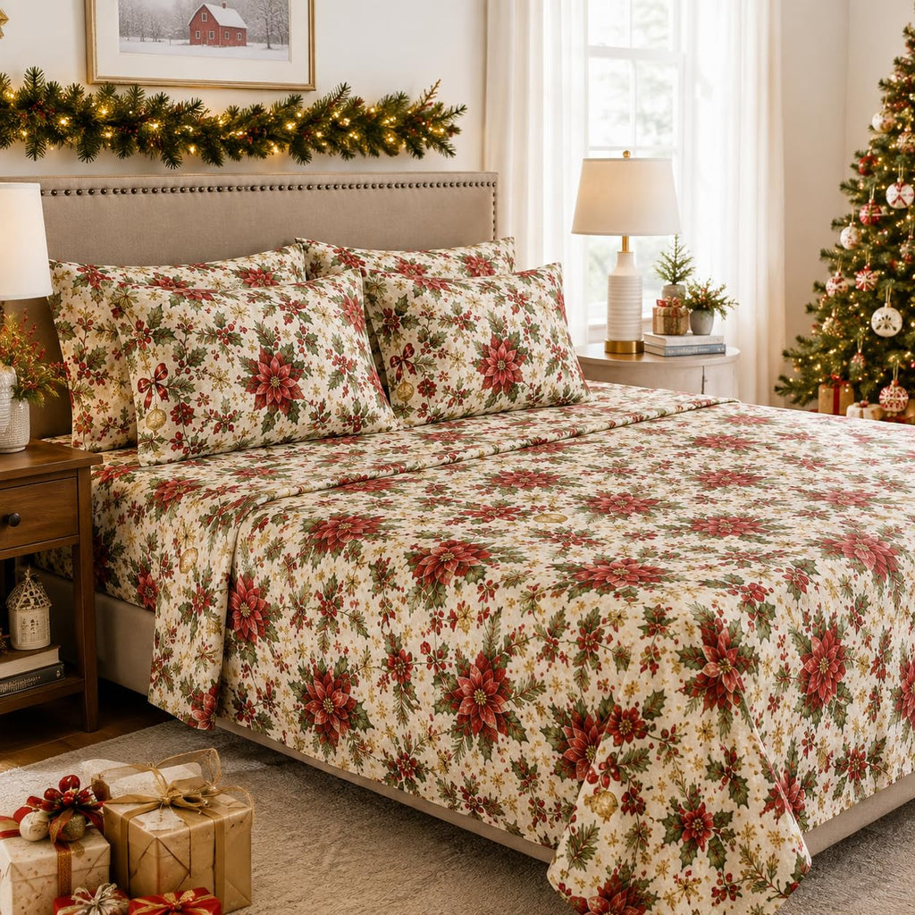 Queen Christmas Sheet Set, 110 GSM Microfiber, 16" Deep, 4-Piece