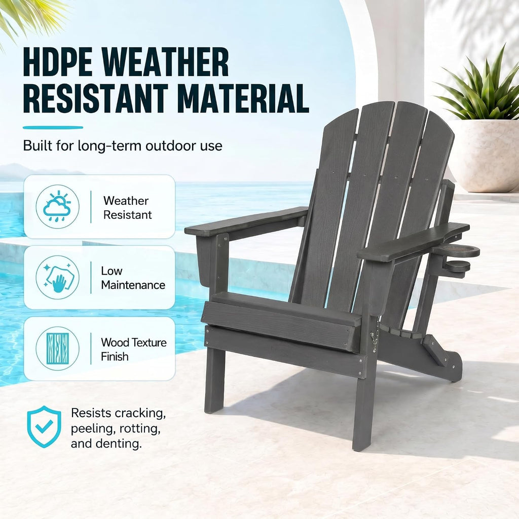 HDPE Folding Adirondack Chair, Outdoor Patio Chair with Cup Holder, Weather Resistant, Fire Pit Porch Deck Garden