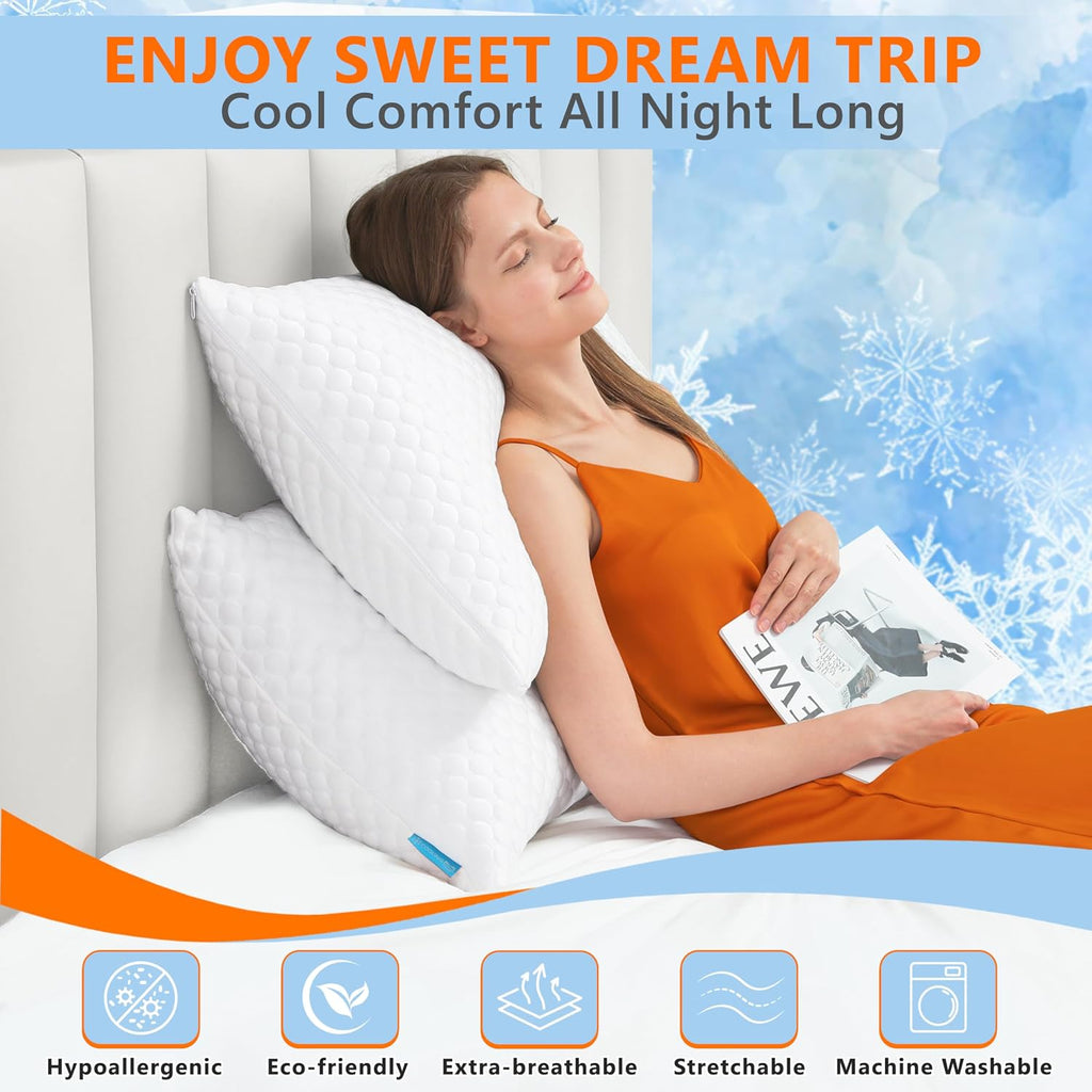 Cooling Pillows Queen Size Set of 2, Adjustable Memory Foam Pillows | Firm/Soft Cooling Bed Pillows for