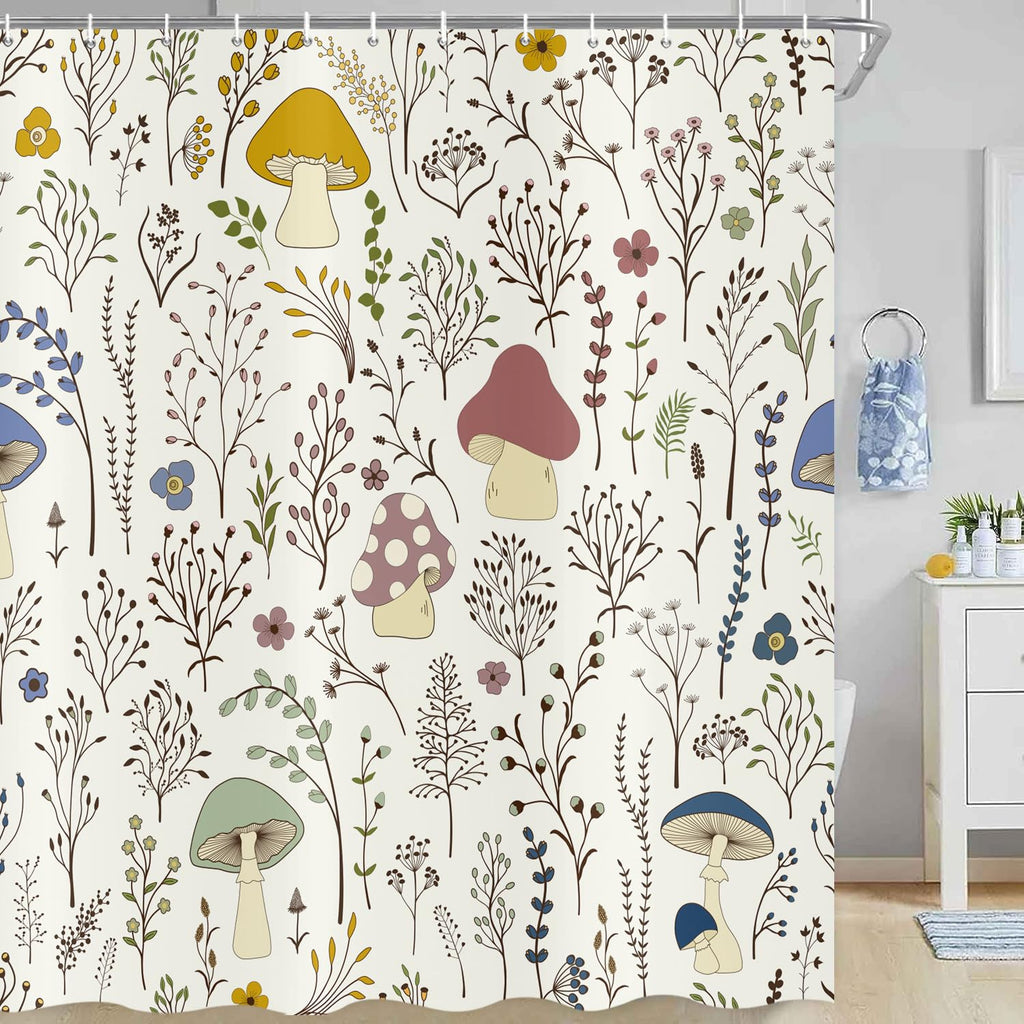 Mushroom Shower Curtain, Boho Floral Waterproof Shower Curtain Bathtub Home Curtain Decor with Hooks, Machine