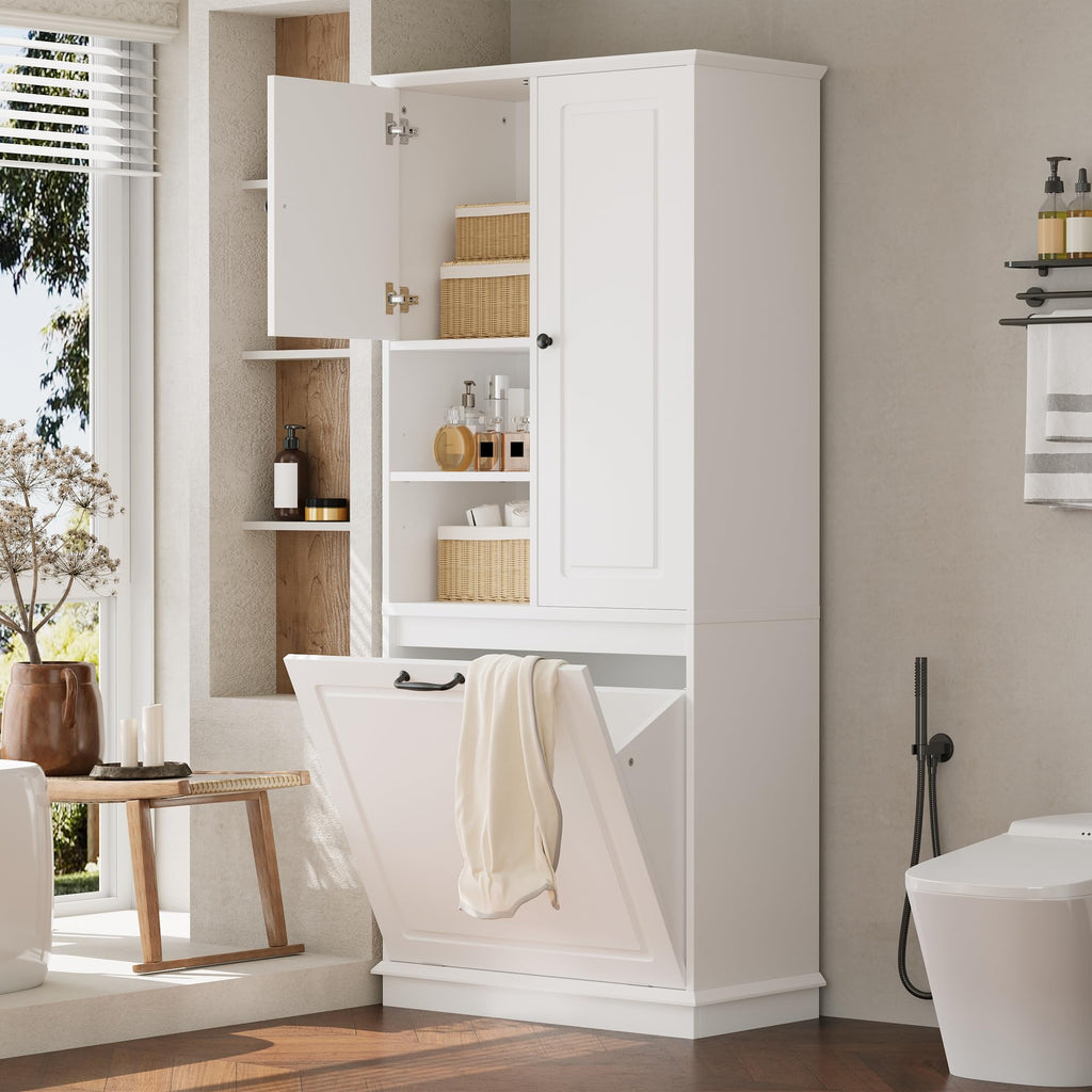 68" Tall Bathroom Storage Cabinet with Two Doors and Tilt-Out Laundry Hamper Display Organizer, Adjustable Shelf